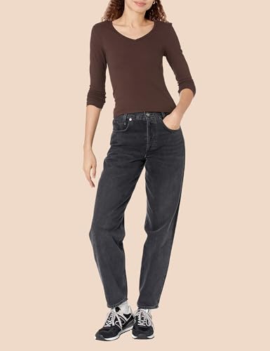 Image of Amazon Essentials Women's Slim-Fit Long Sleeve V-Neck Knit Rib Shirts, Pack of 2