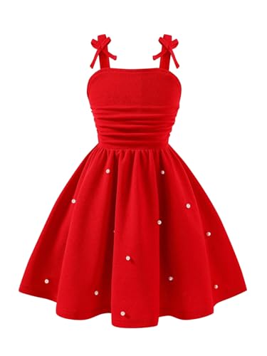 RoseSeek Girl's Flowy Cami Dress Ruched Sleeveless Pink Layered Ruffle Kawaii Short Smocked Summer Dresses Pure Red 15Y