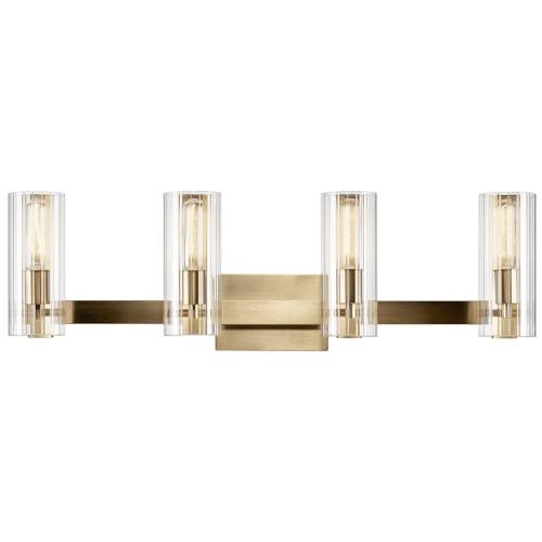 Image of Kichler Jemsa 32 inch 4-Light Modern Bathroom Vanity Light Fixture with Clear Fluted Glass in Champagne Bronze for Bathroom Lighting Over Mirror (9.75 inch H x 32 inch W), 55169CPZ
