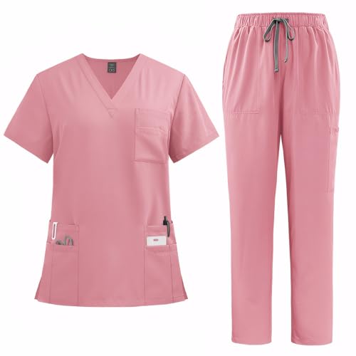 Meichoon Womens Scrubs Set V Neck Medical Uniform with 8 Pockets Adjustable Waist Durable Quick-drying DK77Pink M