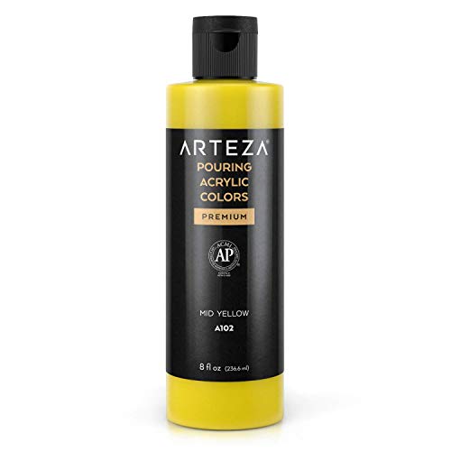 ARTEZA Peinture acrylique à verser, 236 ml, A102 Jaune moyen, peinture acrylique à haut débit, sans mélange, peinture à verser sur toile, verre, papier, bois, carrelage et pierres