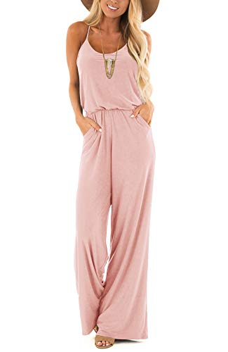 LACOZY Women s Casual Loose V Neck Sleeveless Spaghetti Strap Wide Leg Pants Romper Jumpsuits Blush Small