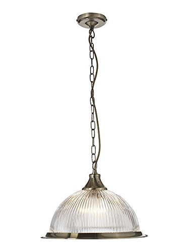 Image of Antique Brass American Diner Pendant Ceiling Light with Clear Ribbed Glass Shade - Boston-PLAB