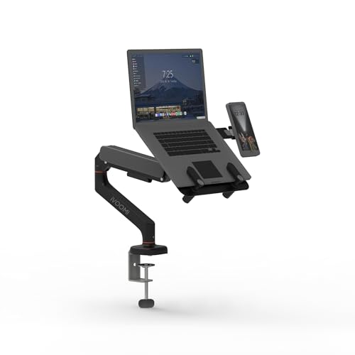Image of iVOOMi Lappy Duo Gas Spring Laptop Stand for Desk with Magnetic Mobile Holder, 180 Rotating Laptop Arm, Holds Up to 10kg, VESA 100x100mm, Fits 10-21 Inch Laptops