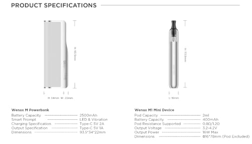 Geekvape Wenax M Starter Kit - Wenax M Powerbank 2500Mah + Wenax M1 Mini Kit 400Mah (Cartuccia Wenax M1 Pod 2Ml) - No E-Liquid, No Nicotine - 3