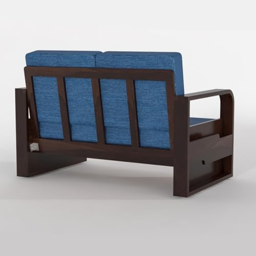 Image of Solid Sheesham Wooden 2 Seater Sofa for Living Room | Sofa with Side Pocket Storage & Cushion | Rosewood Sofa Set for Home (Walnut with Blue Cushion, 2 Seater)
