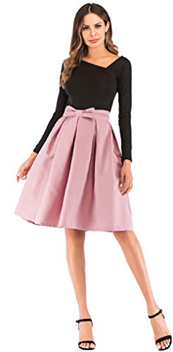 Saia feminina evasê plissada vintage cintura alta patinadora midi com gravata borboleta, rosa, Large