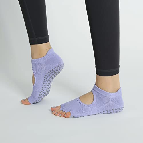 Image of Yoga Pilates Toe Socks Toeless Socks with Grips for Women Non Slip Cushioned Low Cut Ankle Socks for Dance