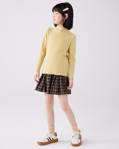 Image of ACESTAR Girls Solid Lettuce Trim Mock Neck Shirt Long Sleeve Slim Fit Ribbed Knit Tee Ruffle Tops Soft Base Layer