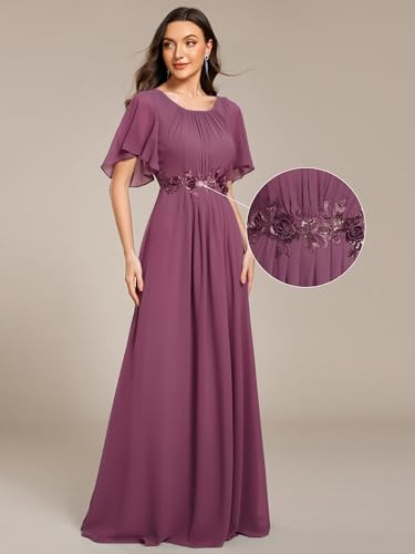Image of Ever-Pretty Women's Classic Round Neck Pleated Short Sleeves Chiffon Appliques Floor Length A Line Formal Evening Dresses