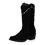  SCARPE VITA Damen Stiefel Cowboystiefel Leicht Gefütterte Fransen Westernstiefel Stickereien Nieten Schuhe 197750 Schwarz Schwarz Black 37