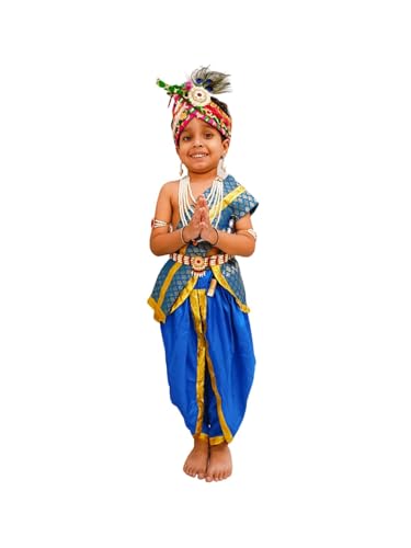 Image of BookMyCostume Krishna Costume with Heavy Jewellery and Pagdi and Brocade - Janmashtami Complete Premium Dress for Baby Kanha Boys & Girls - Light Blue 0-6 M