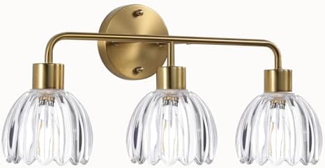 3-Light Gold Brass Bathroom Light Fixture with Clear Tulip Glass ...