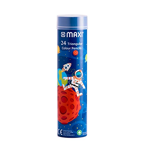 MAXI TRIANGULAR COLOUR PENCILS 24 COLOUR IN A ROUND METAL TIN