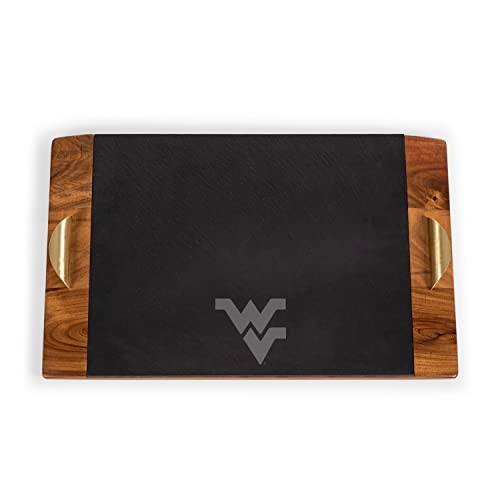 PICNIC TIME NCAA West Virginia Mountaineers Covina Acacia and Slate Serving Tray, Charcuterie Board Set, (Acacia Wood & Slate Black with Gold Accents)