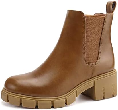 starmerx Women Platform Ankle Boots Elastic Chelsea Boots Mid Heel Slip on Booties (7,Brown)