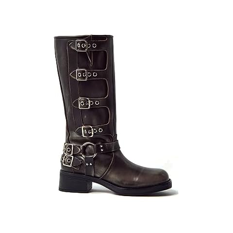 MissHeel Women Biker Boots Distressed Black Wide Calf Harness Riding Boots Knee High Square Toe Cowboy Boots Leather Work Boots Size US 9 Cover