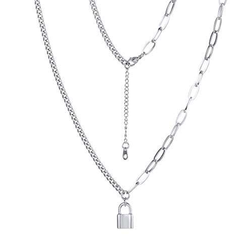 Collar Y Eslabones Redondos Cerradura Colgante Cadena Acero Metálico Platino Plateado Joyería Moderna Punk para Hombres y Mujeres Cover