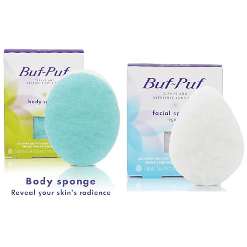 Buf-Puf Dermatologist Developed Body & Facial Sponges, Cleanses & Exfoliates, Reusable, 2 Count, White with Blue Accents, Loofah Pads