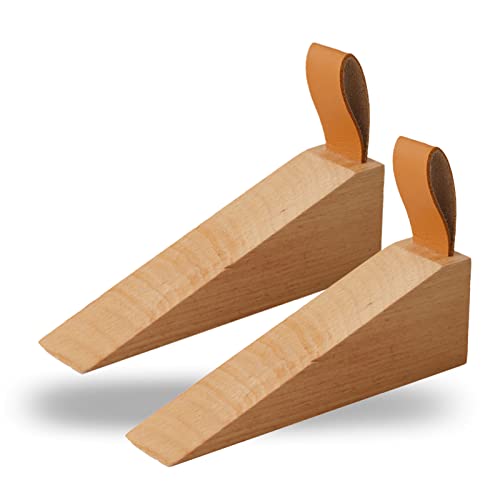 Tope de puerta de madera antideslizante de seguridad con banda de cuero para colgar topes de puerta, paquete de 2 unidades, en casa, dormitorio, oficina, sala de estar, hotel, cabina (grande, 2