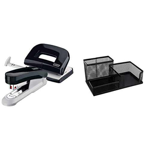 Novus Schreibtisch Set (Heftgerät E 15 mit Locher E 210, inkl. 1000 Heftklammern No. 10) schwarz & TIPTOP OFFICE Stiftehalter aus Drahtmetall, 3 Fächer, Schwarz