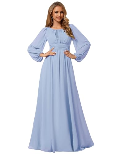 Image of Ever-Pretty Women's Crewneck Long Lantern Sleeves Floor Length A-Line Pleated Chiffon Formal Dress 0106B