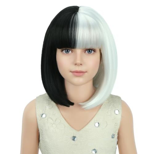 Image of PATTNIUM Black and White Bob Wig for Kids Girls Short Straight Wig with Bangs Cosplay Party Synthetic Rose Net Daily Wear Wig