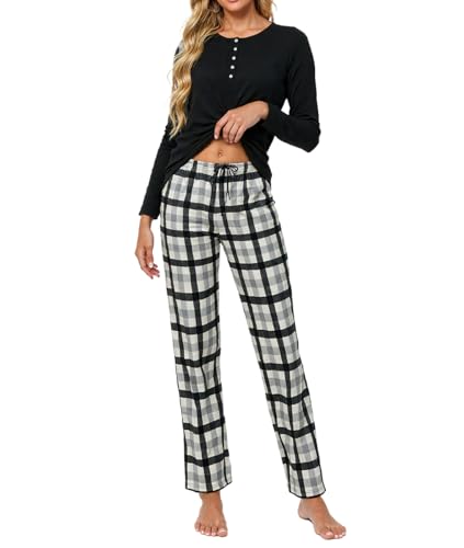 Catálogo de Pijama Dama para comprar online. 44 VIOPY Conjunto Pijama Mujer 2 Piezas Pijamas Manga Larga Mujeres con Cuello Redondo y Bolsillos Estampado a Cuadros Suave para Dormir