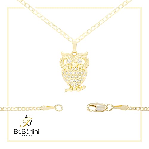 Beberlini Owl Charm Pendant 14K Gold Filled Curb Link Chain Necklace Set Lobster Clasp Fashion Cubic Zirconia Jewelry Gift Cz Charms For Women Girls Teens 2 Mm 18” #TOP6
