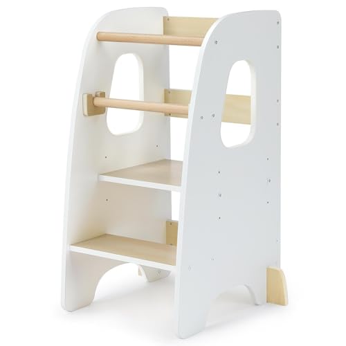 Ezebaby Tour d'apprentissage pour Enfants, Tour d'apprentissage 3 Hauteurs Réglables, Tour d'observation Enfant Montessori, Tour Eveil Bébé en Bois (Blanc)