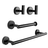 AerWo 4Pcs Bathroom Hardware Set, Matte Black Bathroom Accessories, 304 Stainless Steel Includes 16'' Bathroom Towel Bar, Toilet Paper Holder and 2 Robe Hooks for Bathroom Kitchen