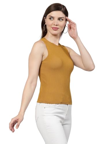 Image of Kalt Womens Knitted, Ribbed Cotton Fitted Sleeveless Round Neck Cami Tank Top
