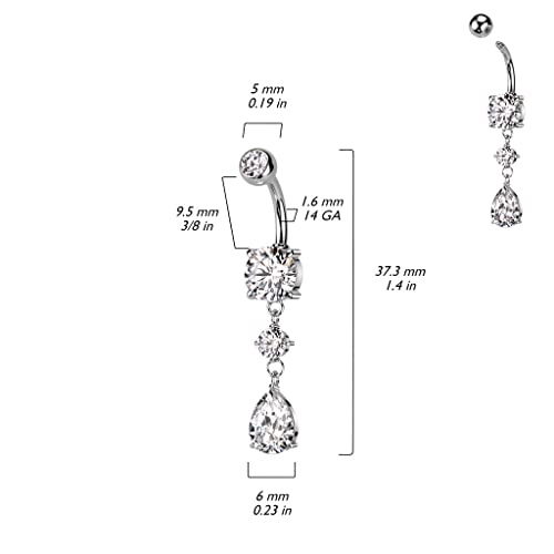 Pierced Owl 14GA 316L Stainless Steel CZ Crystal Tear Drop Dangling Belly Button Ring2