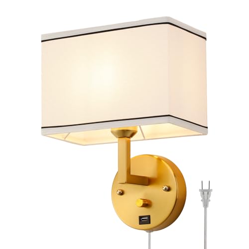 Image of 9.5 inch Wall Sconce with Plug-in Cord, USB Charging Port & Dimmer Switch, White Fabric Rectangular Shade Wall Mounted Lamp for Bedroom, Living Room, Hallway (Gold Finish)