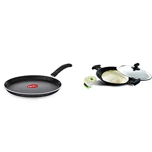 Pigeon by Stovekraft Special Non-Stick Aluminium Flat Tawa, Black (27Cm) & Pigeon by Stovekraft Special Non-Stick Appachetty with Lid, 200Mm, Black