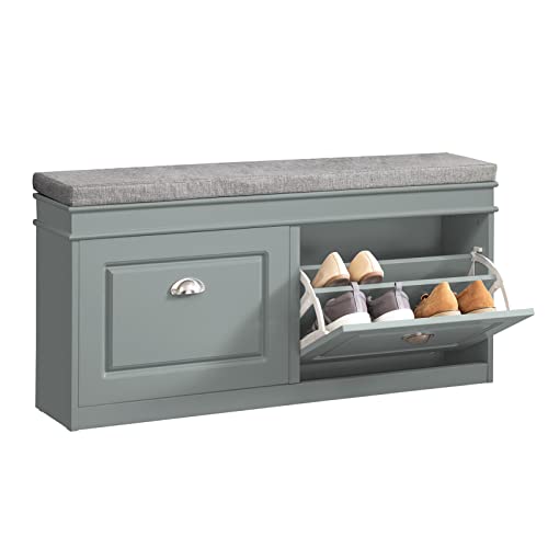 Modern Grey Shoe Storage Bench with Flip Drawers & Padded Seat - Entryway Organizer for Hallway