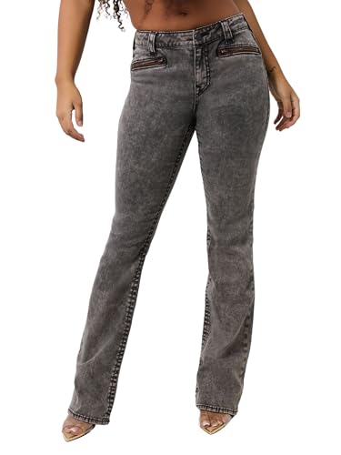 True Religion Women's BEECA Boot Cut Jeans - Zipper Pocket Mid-Rise Big T Stitching