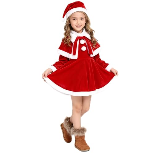 POIUIYQA Vestido Navidad Niña Traje Mamá Noel con Capa y Sombrero, Vestido de Princesa de Terciopelo Suave para Fiestas y Sesiones de Fotos