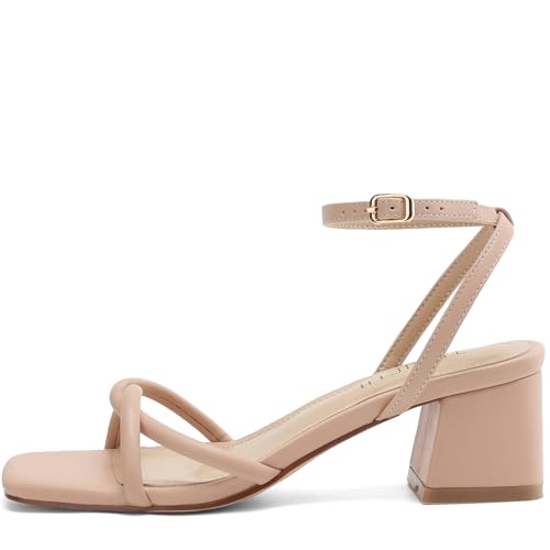Image of TEAIEUI Chunky Heels for Women, Square Open Toe Heeled Sandals, Strappy Ankle Strap Shoes for Dress, Party, Prom, Block Low Heel 2 inch