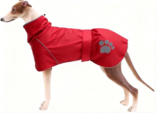 Geyecete Hundemantel Wasserdichter fur Windhund, Winter Hundejacken mit warmem plüschfutter, Regenmantel winddicht, Hundebekleidung mit verstellbaren Bändern,fur mittel und große Hunde-Rot-S