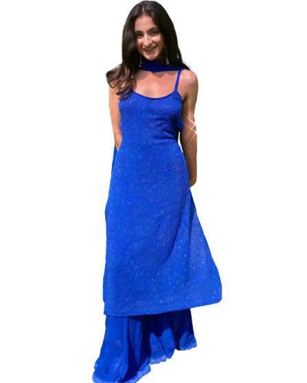 Women Poly Georgette Blue Sleeveless Kurta with Sharara and Dupatta, Ethnic Motif Embroidered, A-Line Kurta Set-image-27