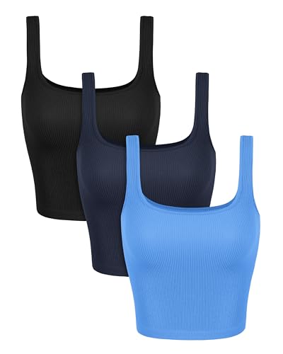 Image of ODODOS 3-Pack Seamless Square Neck Crop Tank for Women Ribbed Knit Soft Low Back Cropped Tops