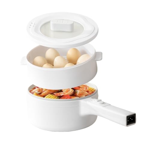 TINYPANDA Electric Hot Pot, 1.8 Liter Multifunctional Portable Cooking Pot, 700 Watt Instant Noodle Hot Pot, Non-Stick Skillet for Steak, Eggs, Ramen, Oatmeal with Dual Power Adjustment (White double layer)