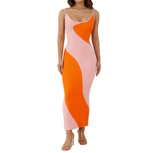 Image of YILEEGOO Women Summer Bodycon Dresses Knit Hollow Out Sexy Night Out Midi Maxi Dress Sleeveless Long Cut Out Dress (1# Pink Orange, M)