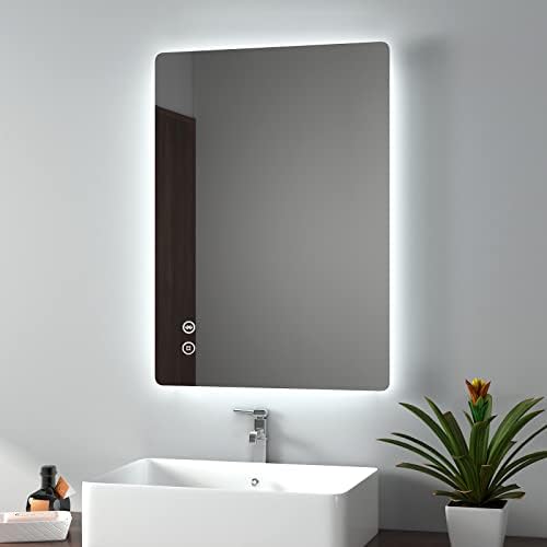 EMKE LED Backlit Bathroom Mirror with Bluetooth, 500x700mm Wall Mounted Multifunction LED Bathroom Vanity Mirror with Shaver Socket | LED Lights | Demister Pad