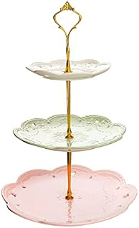 MALACASA, Series Sweet.Time, 3 Tier (6.25" & 8.25" & 10") White Ceramic Dessert Cake Tower Stand, 14.5" Tall Porcelain Party Food Server Display Holder with Silver Carry Handle