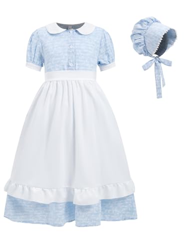 Pioneer Dresses for Girls Colonial Prairie Dress Girls Short Sleeves 1800s Pilgrim Costume with Apron and Bonnet Blue 6-7Y