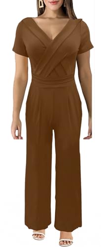 ZonJie Elegant Off Shoulders Jumpsuits for Women Sexy Dressy Short Sleeve Ruched Clubwear Plus Size Wide Leg Pants Rompers