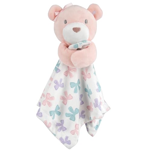 Image of Baby Essentials Minky Animal Snuggler Lovey Blanket for Kids, Babies, Girls Security Blanket with Stuffed Animal (Pastel Bows Bear)