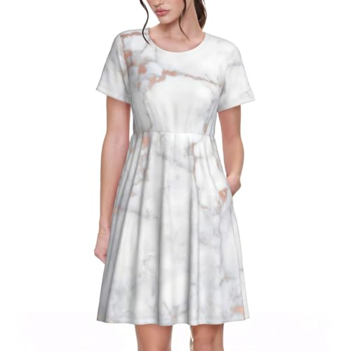 Robe trapèze en marbre blanc et or rose à col rond pour femme